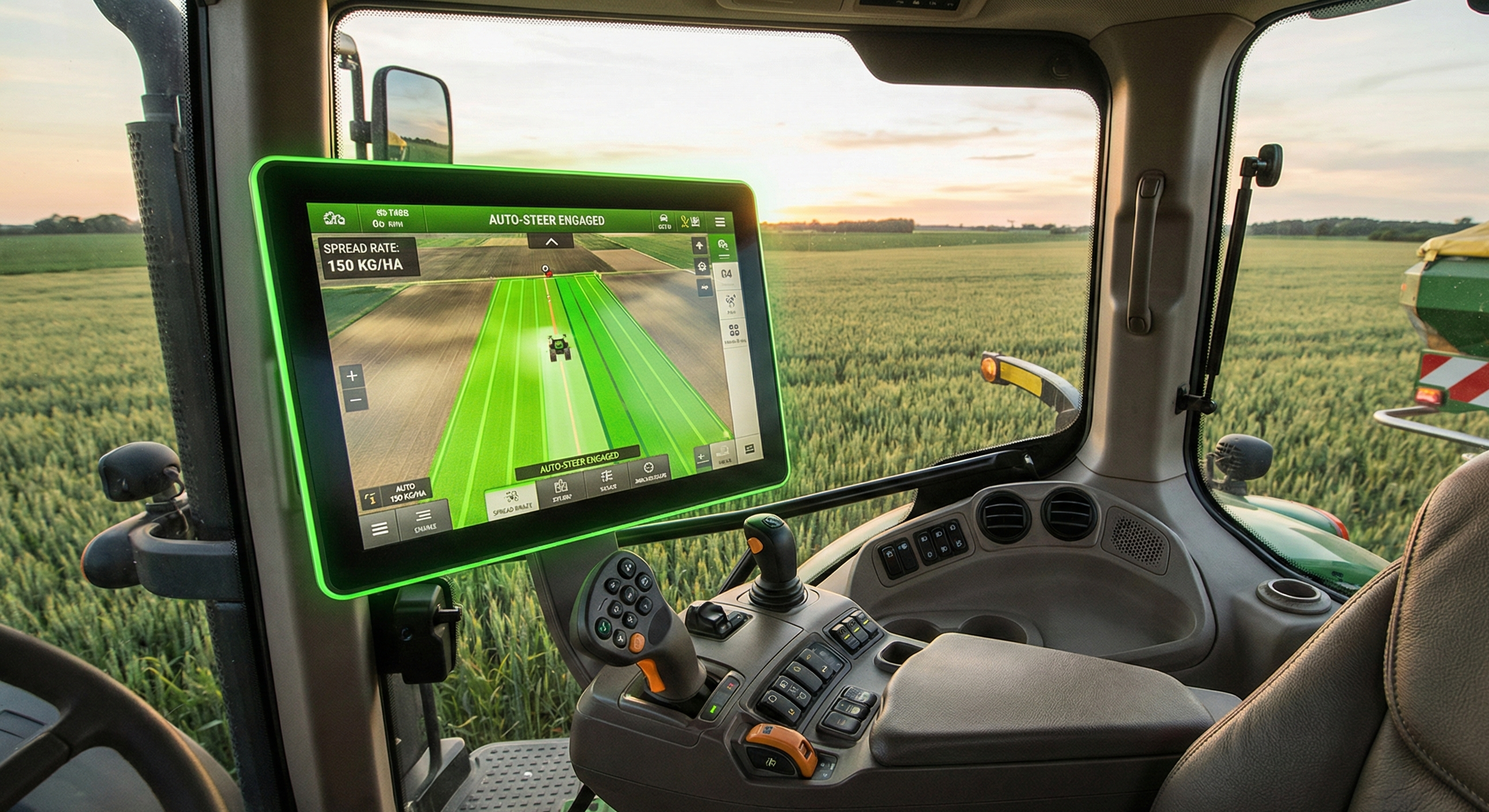 Écran GPS de guidage dans la cabine d'un tracteur pour l'épandage de précision