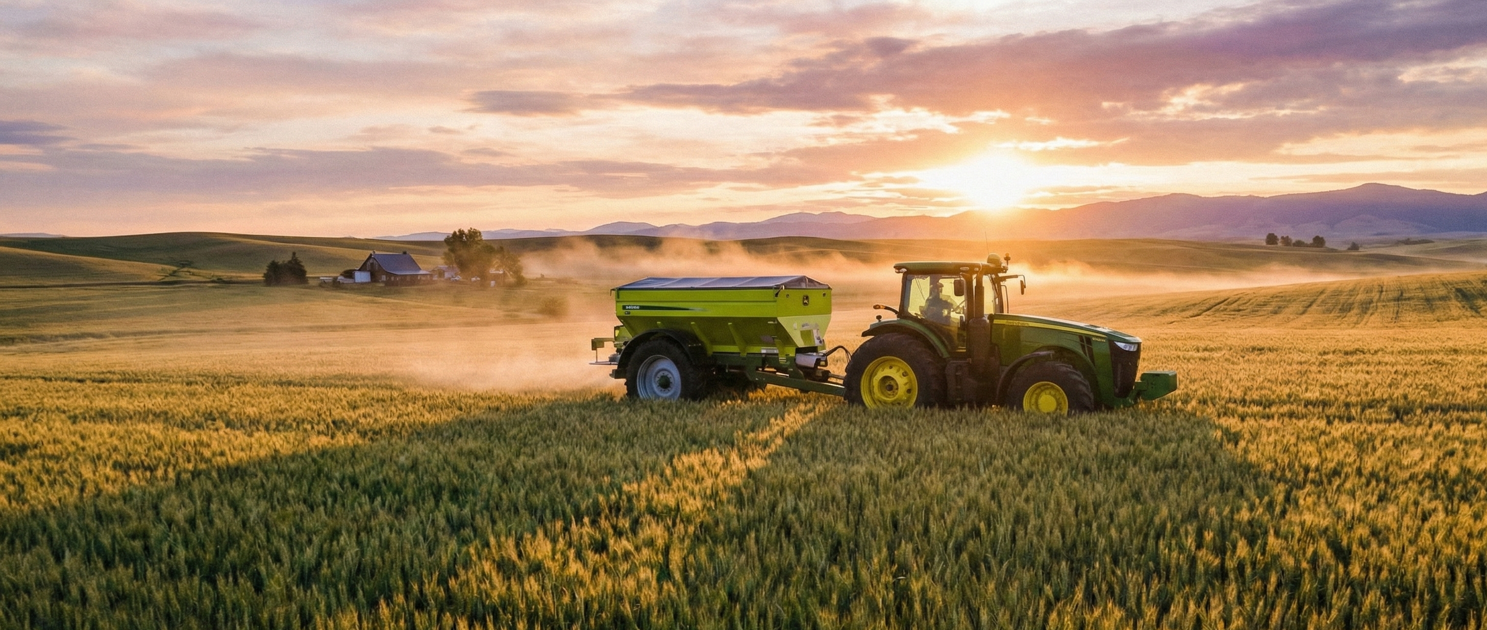 Tracteur épandant de l'engrais minéral au lever du soleil dans un champ de blé